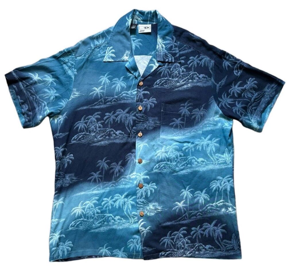 Vintage Good Vibes Hawaiian Shirt Mens Blue Large Button Up Tropical Size L